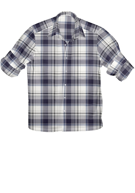 A blue and white plaid shirt with a white background