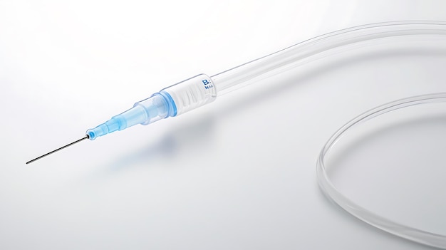 a blue and white plastic syringe is laying on a white surface