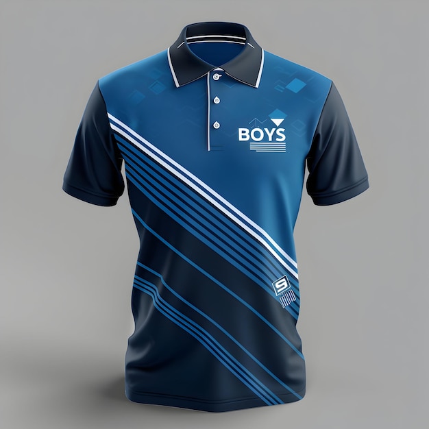 a blue and white polo shirt with the word boys on it