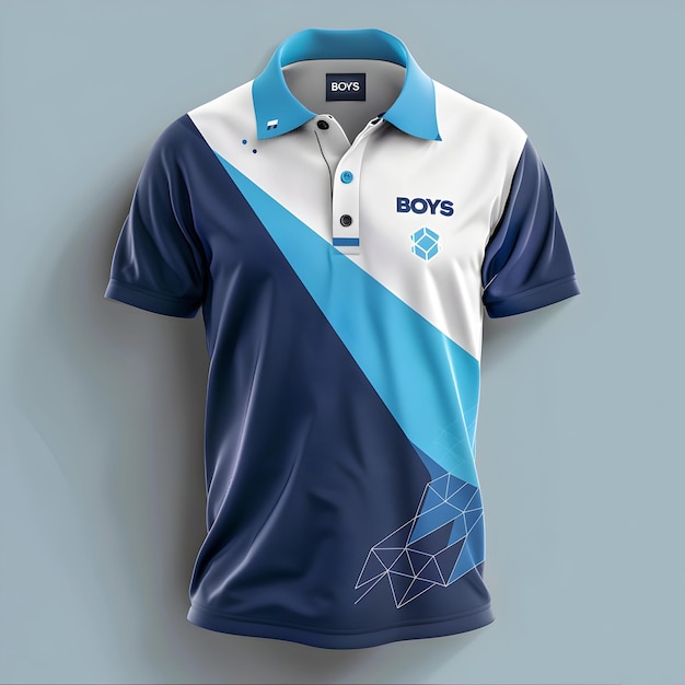 a blue and white polo shirt with the word boys on it