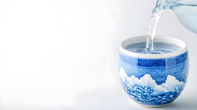 Photo blue and white porcelain cup filling with water