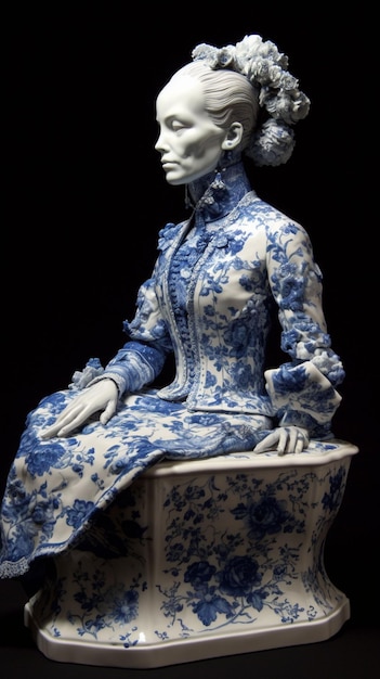 A blue and white porcelain statue of a woman with a floral pattern on her dress.