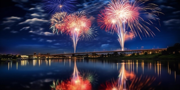 Blue white and red fireworks over the river at night