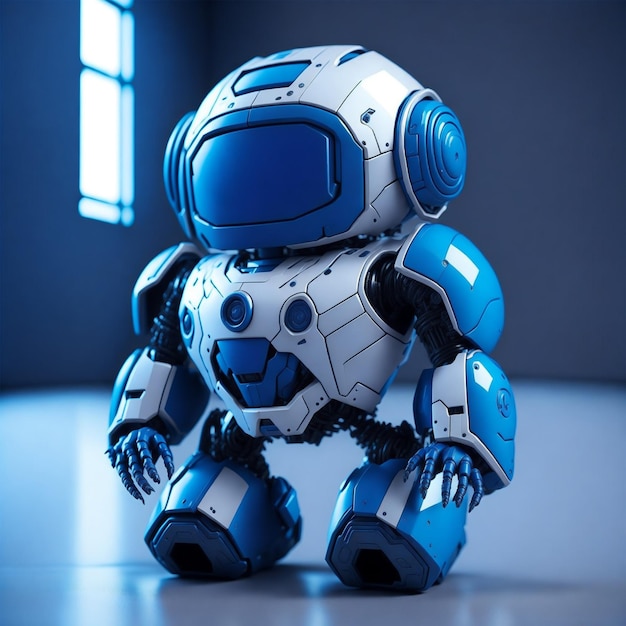 A blue and white robot with a blue face sits on a floor.