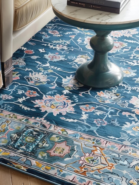 Photo a blue and white rug has a blue and white design