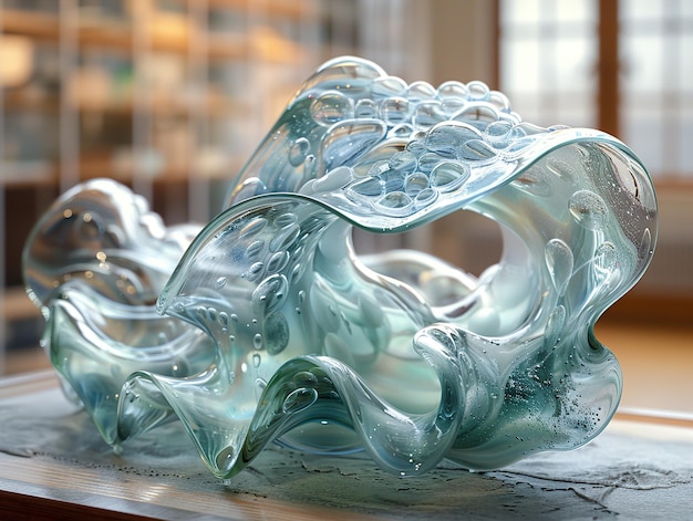 a blue and white sculpture of a seahorse is on a table