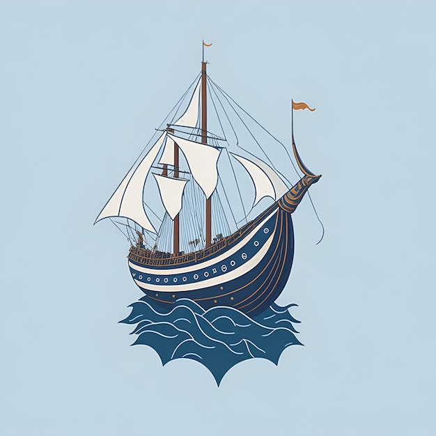 A blue and white ship with a flag on the top.