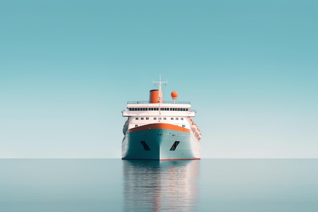 A blue and white ship with a red bottom sits in the middle of a calm ocean.