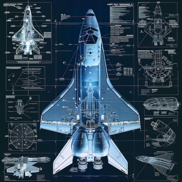 Photo a blue and white space shuttle is shown in detail with a diagram of the interior