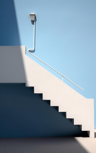 A blue and white staircase with a white handrail and a light blue sky behind it.