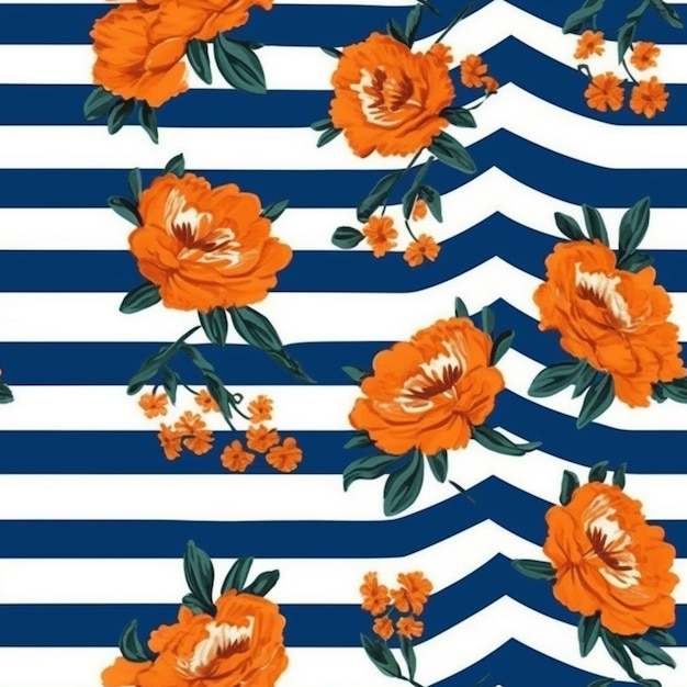 A blue and white striped background with orange flowers on it.