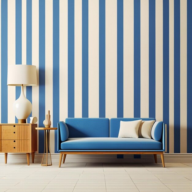 Photo a blue and white striped wall with a couch and a lamp