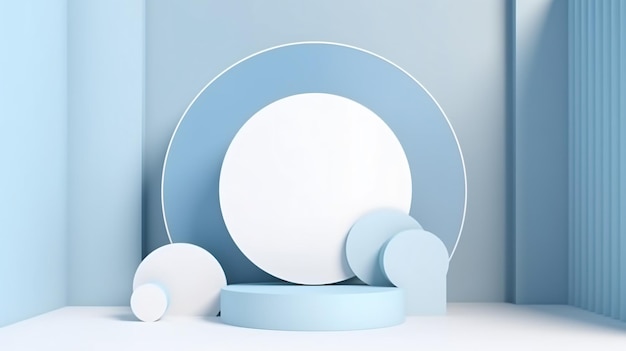 A blue and white table with a white plate and four white circles.