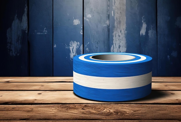 blue and white tape on a wooden table in the style of deutscher werkbund