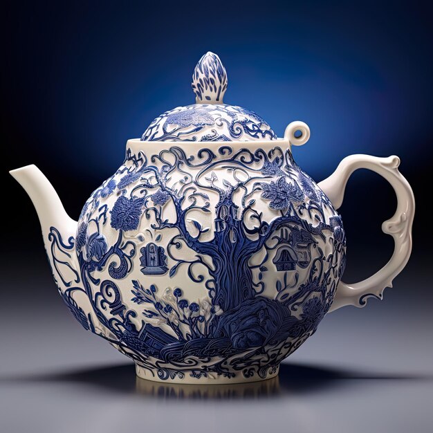 Photo a blue and white teapot with a blue floral pattern