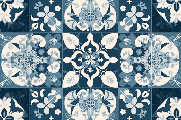 A blue and white tile with a floral design on it.