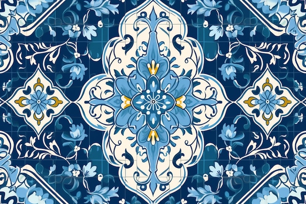 A blue and white tile with a floral pattern.