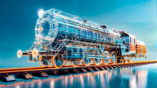 Photo blue and white train engine sitting on top of train track next to body of water ai