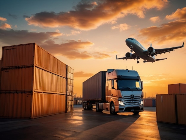 Photo a blue and white truck is flying over a cargo container