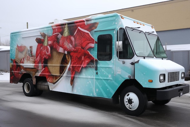 a blue and white truck with a picture of strawberries on it