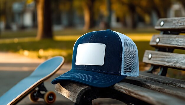 Photo blue and white trucker hat on outdoor table summer cap in nature mesh hat mockup for branding