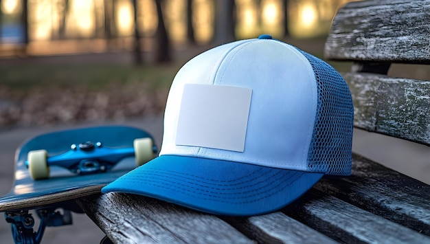 Photo blue and white trucker hat on outdoor table summer cap in nature mesh hat mockup for branding