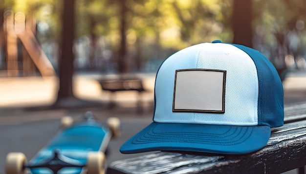 Photo blue and white trucker hat on outdoor table summer cap in nature mesh hat mockup for branding