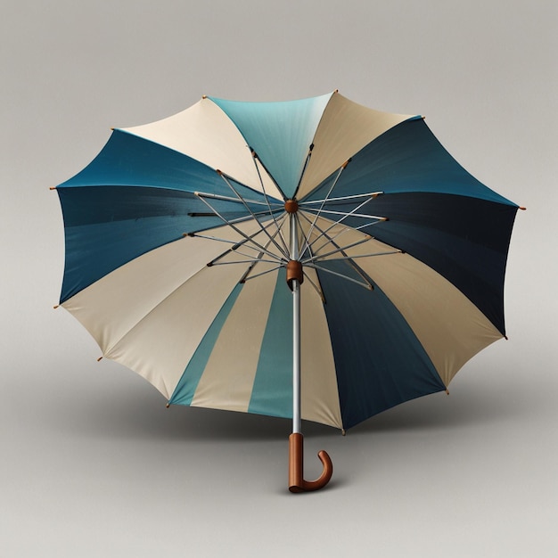 a blue and white umbrella with a brown handle