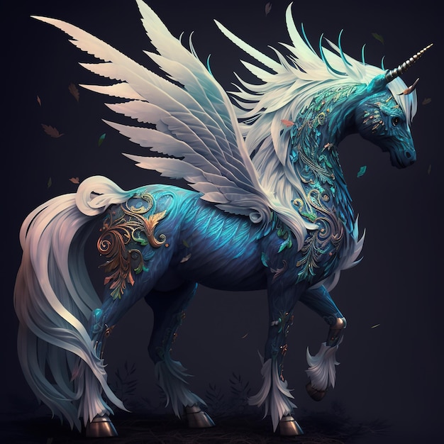 A blue and white unicorn with a white tail and wings.