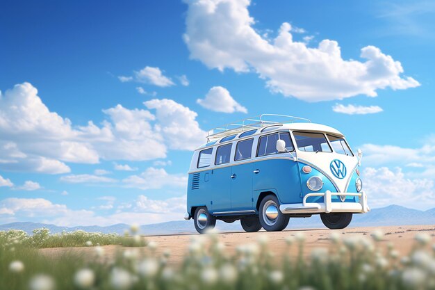 Photo a blue and white van on a dirt road