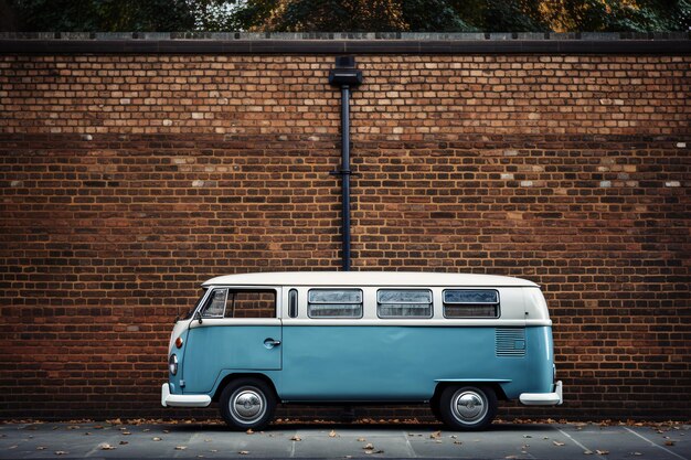 Photo a blue and white van parked in front of a brick wall