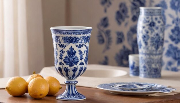 Blue and white vase on table