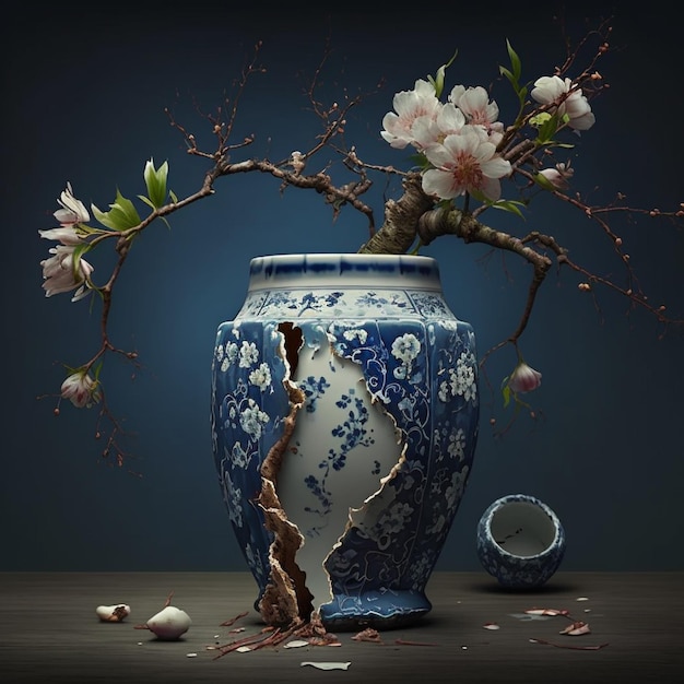 a blue and white vase with a blue and white flowered plant in the corner