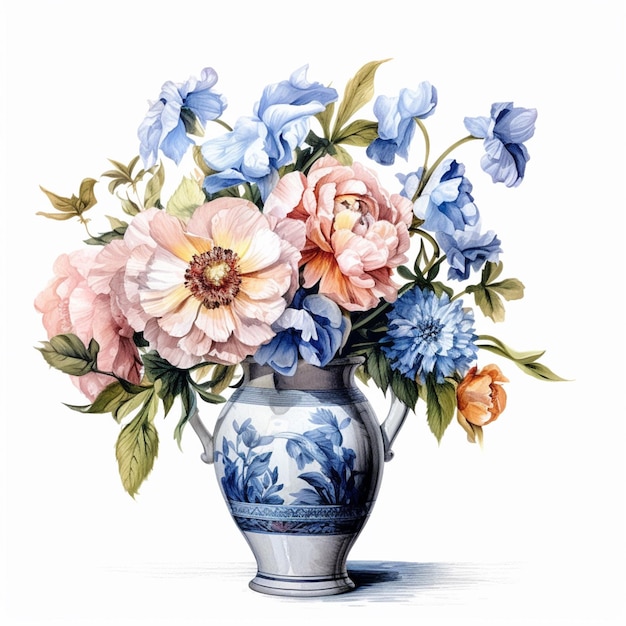 A blue and white vase with a blue and white vase with a blue and pink flower in it.