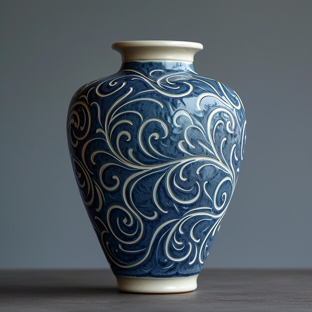 Photo a blue and white vase with a design on the side