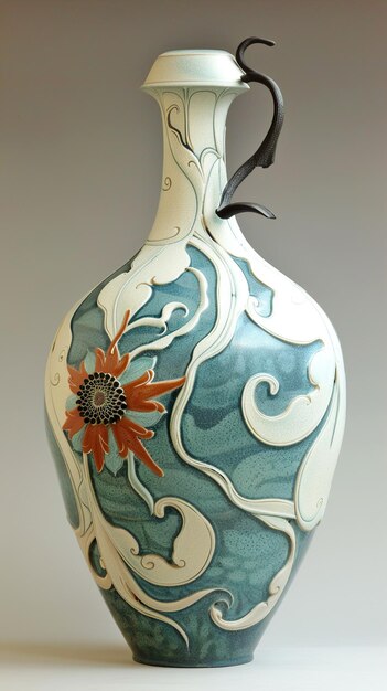 a blue and white vase with a flower design on it