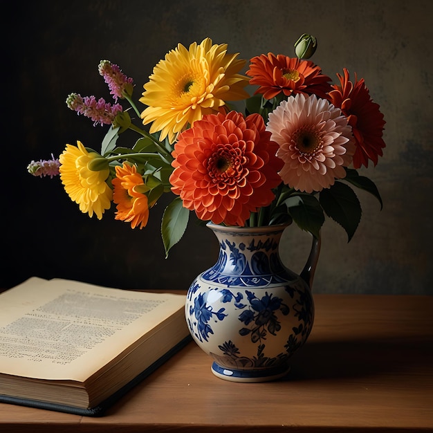 a blue and white vase with flowers and a book on a table