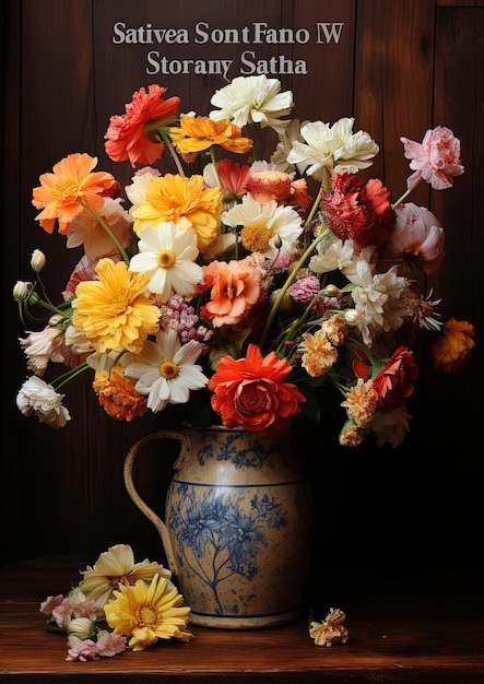 a blue and white vase with flowers in it and a flower in the middle