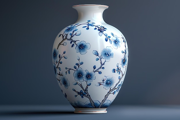 Photo a blue and white vase with flowers on it