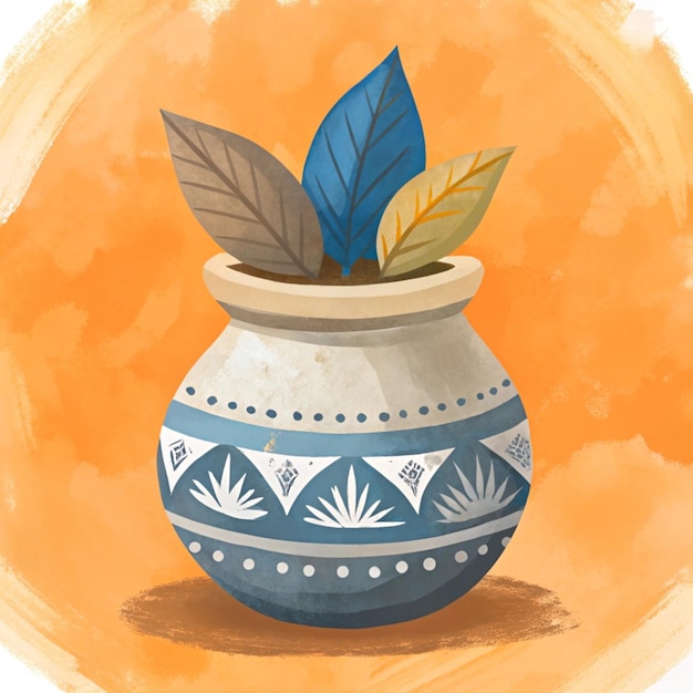 a blue and white vase with leaves and a leaf on it