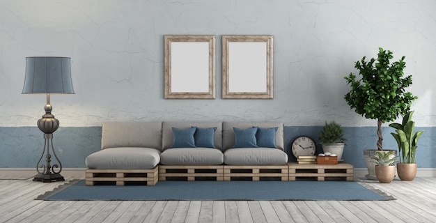 Blue and white vintage room with pallet sofa