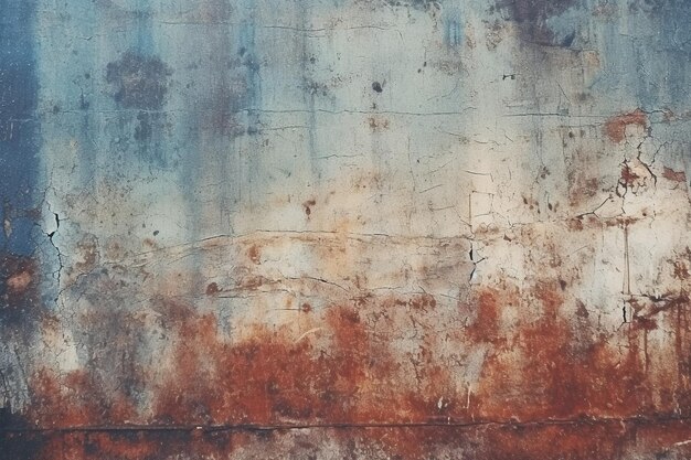 A blue and white wall with rust stains.