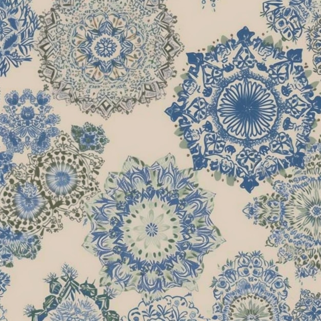 A blue and white wallpaper with a floral design.