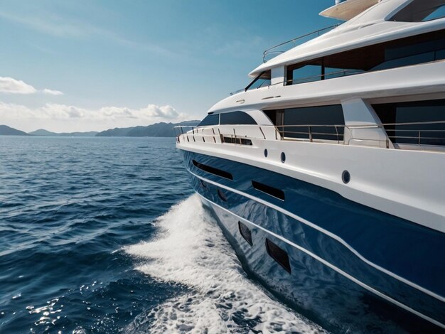 a blue and white yacht is sailing in the water