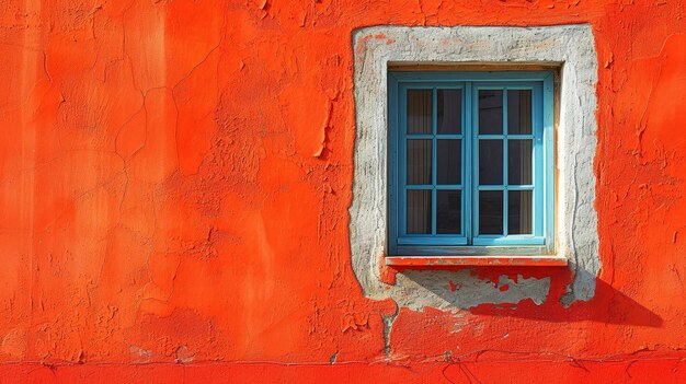 Blue window on a textured red wall