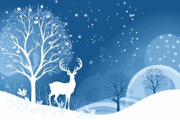 A blue winter background with a deer in the snow