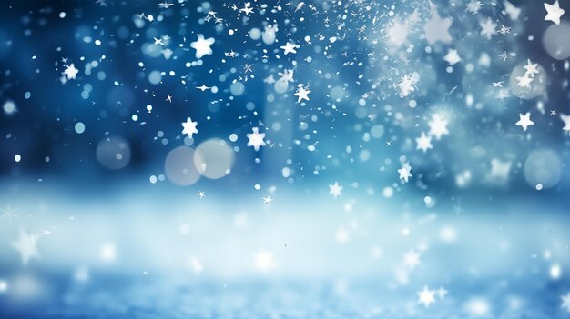 blue winter background with sparkling stars and soft snowflakes