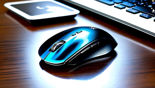 Blue Wireless Computer Mouse on Wooden Desk