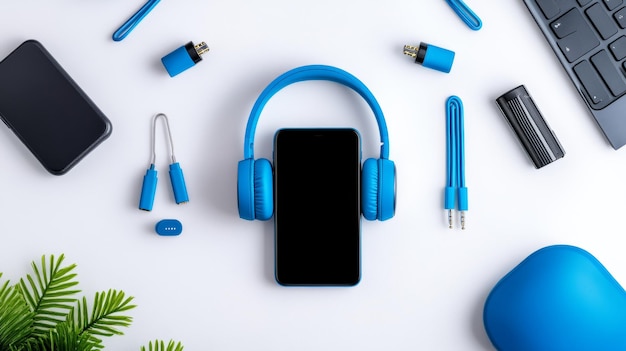 Photo blue wireless headphones with smartphone and accessories on white background