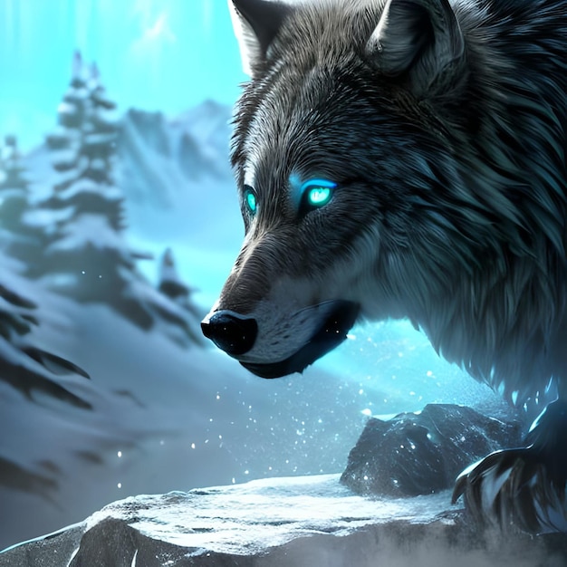 A blue wolf with blue eyes and blue eyes is standing on a snowy hill.